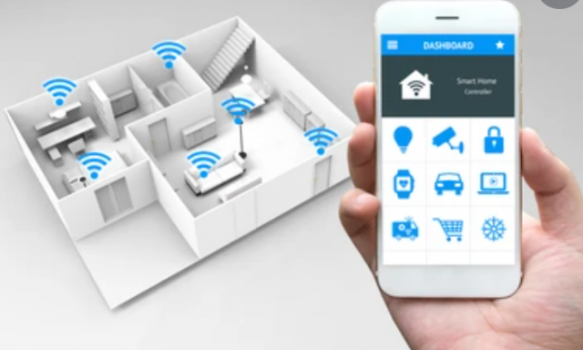 Muestra un movil y una maqueta de una casa donde de el mocil se puede gestionar El Internet de las cosas
