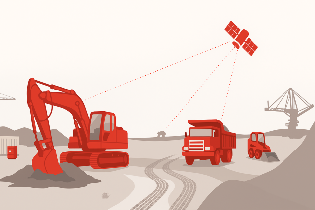 Ilustración de maquinaria industrial conectada vía satélite mediante sensores IoT en un entorno remoto, representando la automatización y monitoreo sin infraestructura terrestre.
