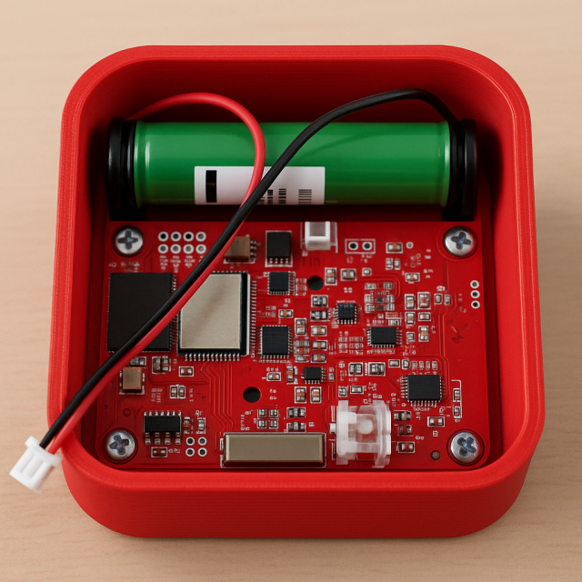 Sensor autoalimentado con PCB integrada y batería recargable.