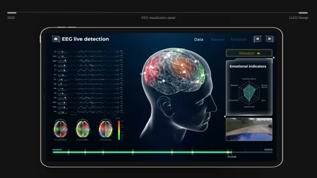 Visualización de métricas EEG en tiempo real (ondas cerebrales, atención, relajación) en una interfaz digital.