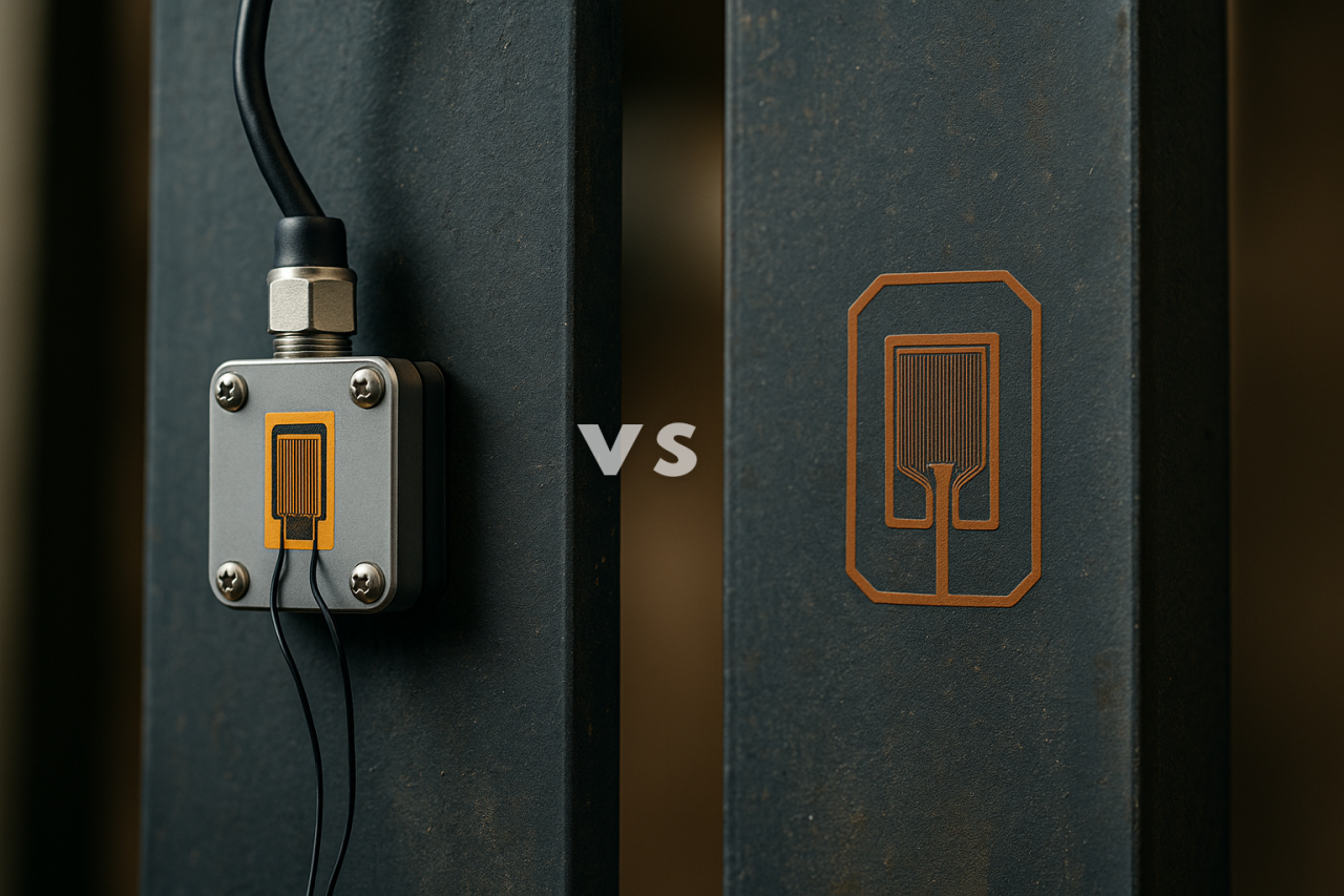 Comparación visual entre sensor convencional con carcasa y cableado, y sensor estructural impreso directamente sobre material metálico.