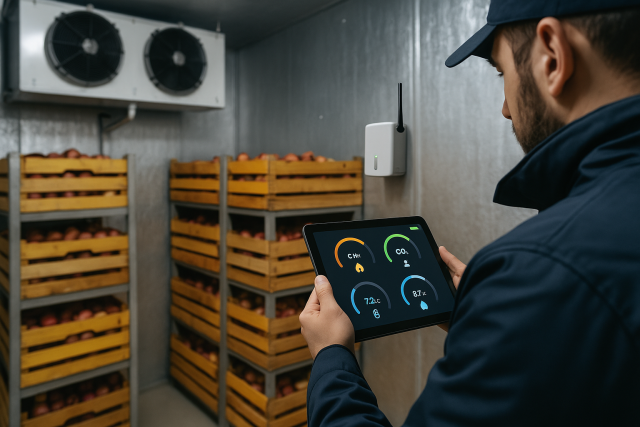 Técnico inspeccionando sistema IoT en entorno industrial refrigerado, con sensores y dispositivos conectados para control ambiental.