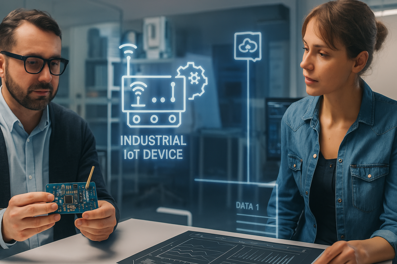 Ingenieros trabajando en el diseño de dispositivos iot industriales